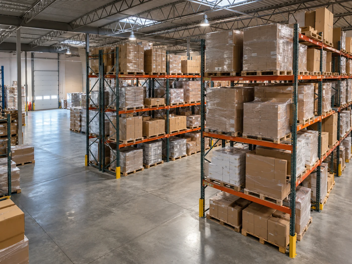 AI-generated raised-angle view of warehouse racks and organized palletized cargo